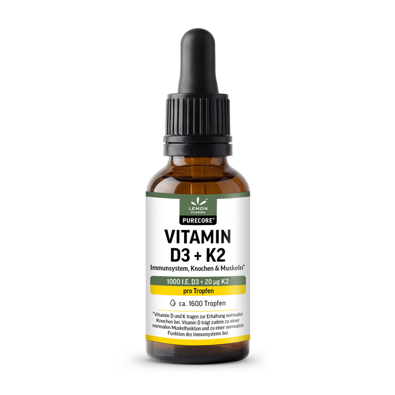 Lemon Pharma® Purecore® Vitamin D3 + K2 Tropfen – 1000 I.E. D3 + 20 µg K2 (MK-7) flüssig, 50 ml, für Knochen, Muskeln & Immunsystem, Made in Germany